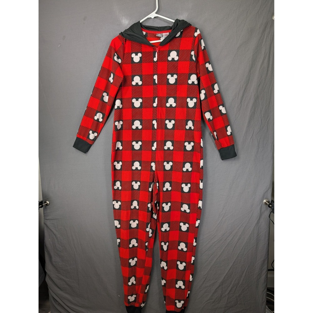 Disney Mickey Mouse Buffalo Plaid Hooded Union Suit Pajamas Red Black Medium